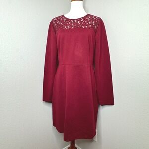 TRINA TURK Long Sleeve Sheath Dress LARGE Dk Red Midi Lace Details Office Career